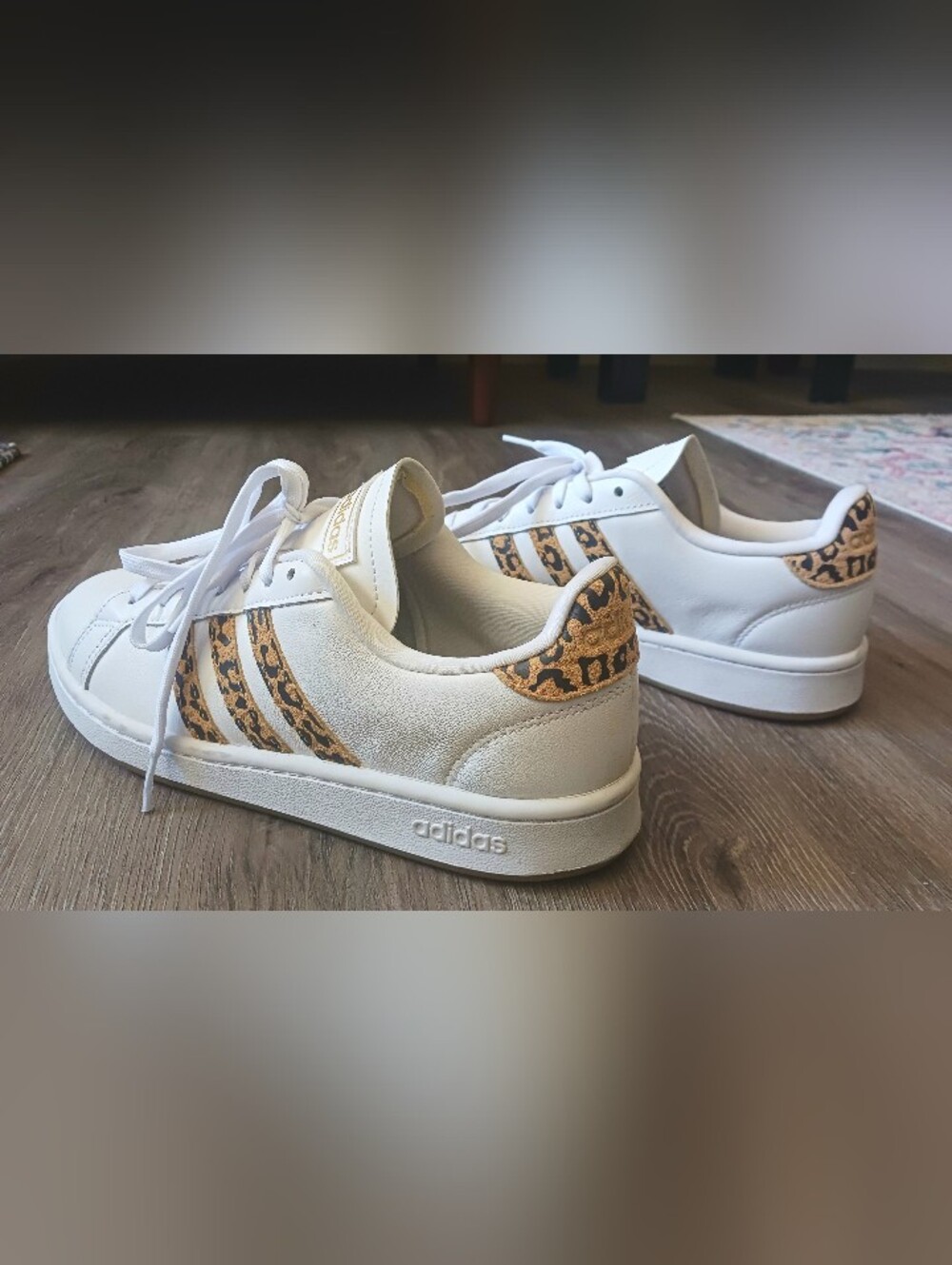adidas White Sneakers with Leopard-Print Stripes, W Size 8.5 - Picture 10 of 11